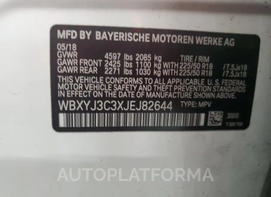 BMW X2 SDRIVE2 2018 vin WBXYJ3C3XJEJ82644 from auto auction Copart