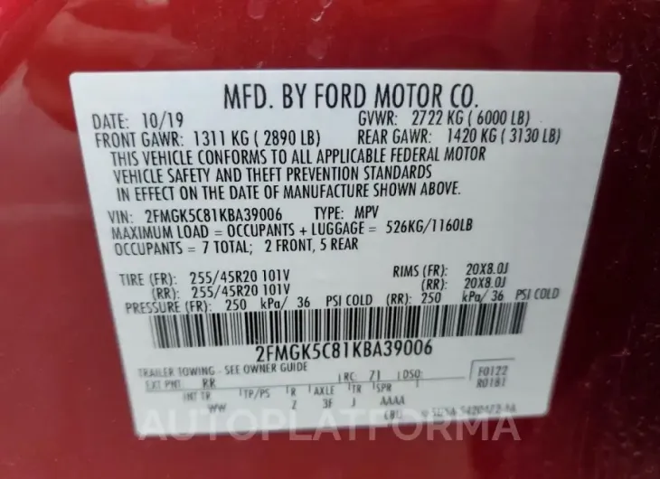 FORD FLEX SEL 2019 vin 2FMGK5C81KBA39006 from auto auction Copart