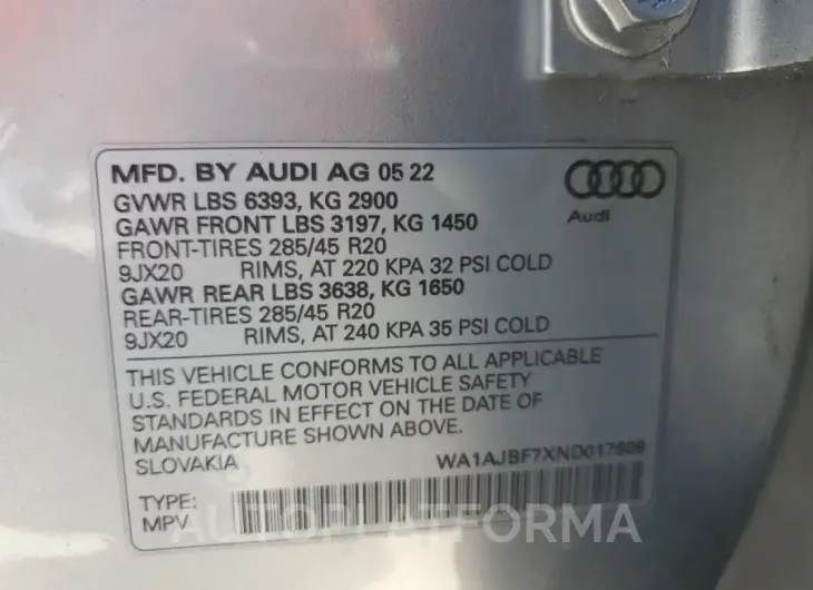 AUDI Q7 PREMIUM 2022 vin WA1AJBF7XND017609 from auto auction Copart