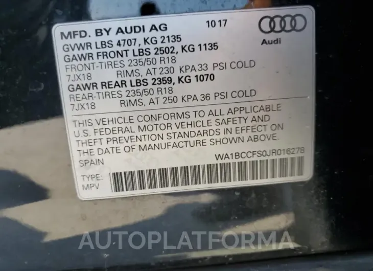 AUDI Q3 PREMIUM 2018 vin WA1BCCFS0JR016278 from auto auction Copart