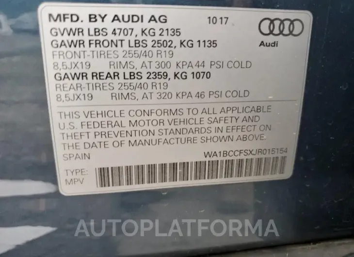 AUDI Q3 PREMIUM 2018 vin WA1BCCFSXJR015154 from auto auction Copart