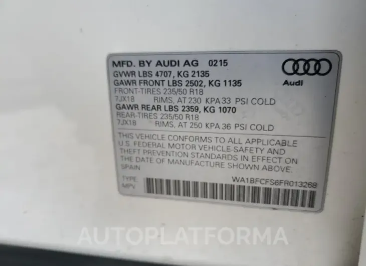 AUDI Q3 PREMIUM 2015 vin WA1BFCFS6FR013268 from auto auction Copart