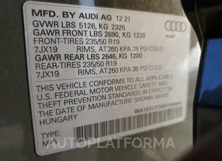 AUDI Q3 PREMIUM 2022 vin WA1EECF34N1068064 from auto auction Copart