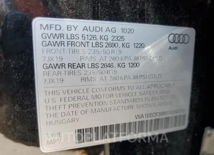 AUDI Q3 PREMIUM 2021 vin WA1EECF38M1034370 from auto auction Copart