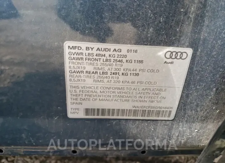 AUDI Q3 PREMIUM 2016 vin WA1EFCFS5GR016435 from auto auction Copart