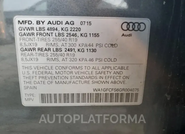 AUDI Q3 PRESTIG 2016 vin WA1GFCFS6GR004075 from auto auction Copart