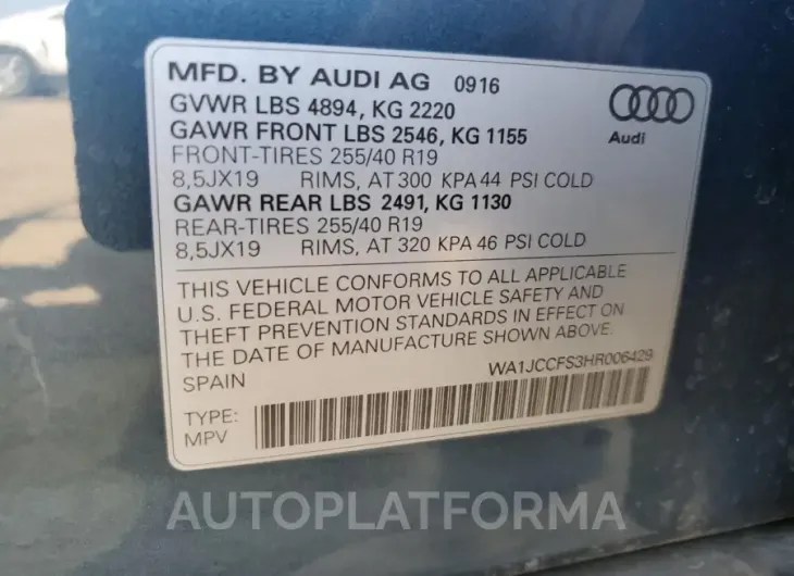 AUDI Q3 PREMIUM 2017 vin WA1JCCFS3HR006429 from auto auction Copart