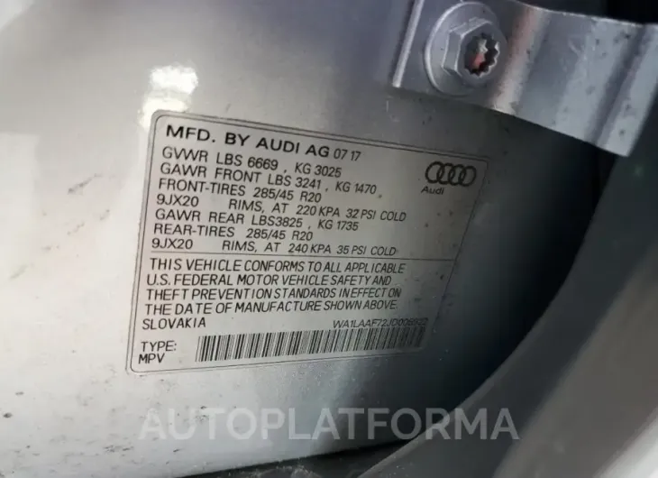 AUDI Q7 PREMIUM 2018 vin WA1LAAF72JD005922 from auto auction Copart