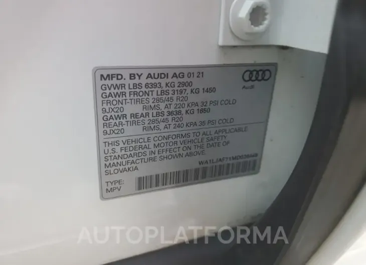 AUDI Q7 PREMIUM 2021 vin WA1LJAF71MD028449 from auto auction Copart