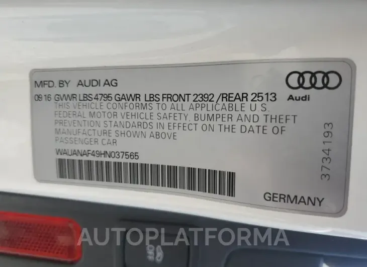 AUDI A4 PREMIUM 2017 vin WAUANAF49HN037565 from auto auction Copart