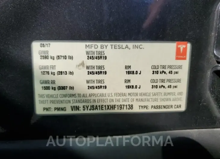 TESLA MODEL S 2017 vin 5YJSA1E1XHF197138 from auto auction Copart