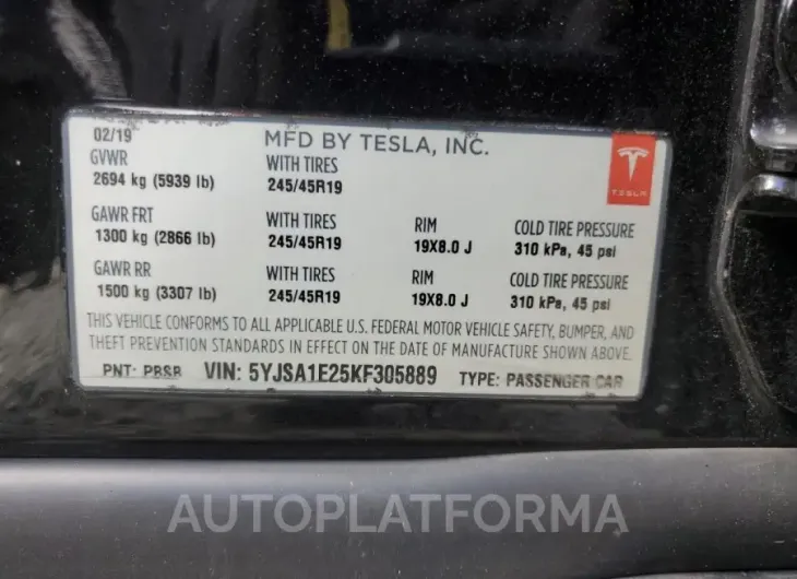 TESLA MODEL S 2019 vin 5YJSA1E25KF305889 from auto auction Copart