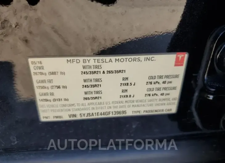 TESLA MODEL S 2016 vin 5YJSA1E44GF139695 from auto auction Copart