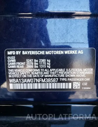 BMW M440XI GRA 2022 vin WBA13AW07NFM38587 from auto auction Copart