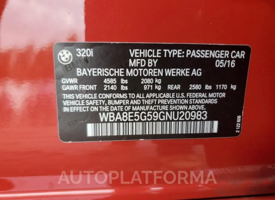 BMW 320 XI 2016 vin WBA8E5G59GNU20983 from auto auction Copart