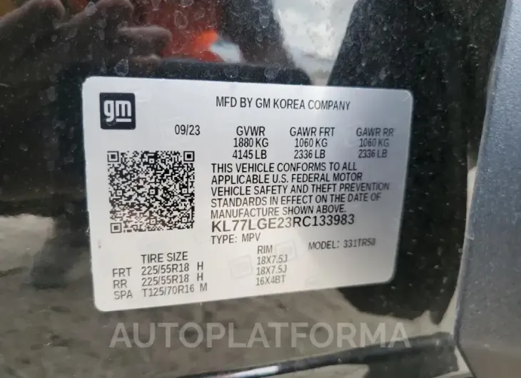 CHEVROLET TRAX 1RS 2024 vin KL77LGE23RC133983 from auto auction Copart