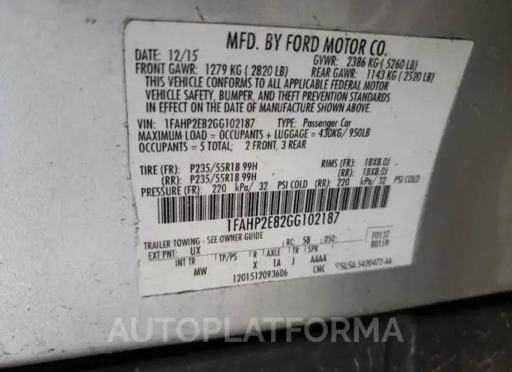 FORD TAURUS SEL 2016 vin 1FAHP2E82GG102187 from auto auction Copart