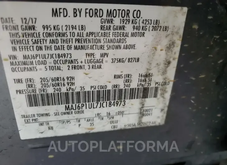 FORD ECOSPORT S 2018 vin MAJ6P1UL7JC184973 from auto auction Copart