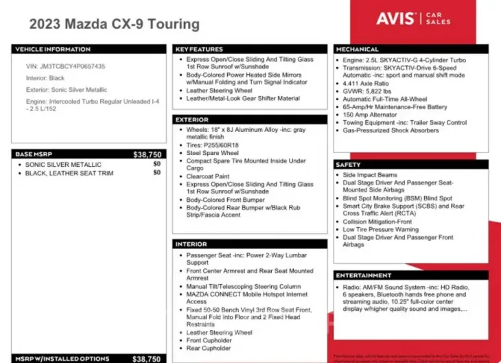 MAZDA CX-9 TOURI 2023 vin JM3TCBCY4P0657435 from auto auction Copart