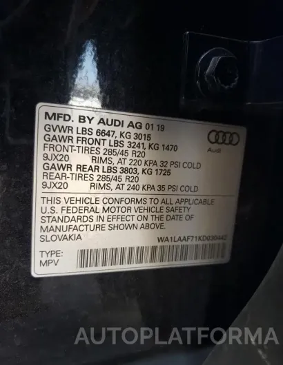 AUDI Q7 PREMIUM 2019 vin WA1LAAF71KD030442 from auto auction Copart