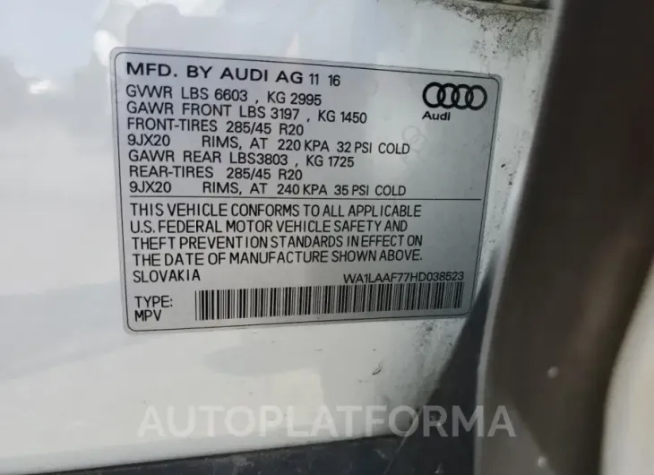 AUDI Q7 PREMIUM 2017 vin WA1LAAF77HD038523 from auto auction Copart