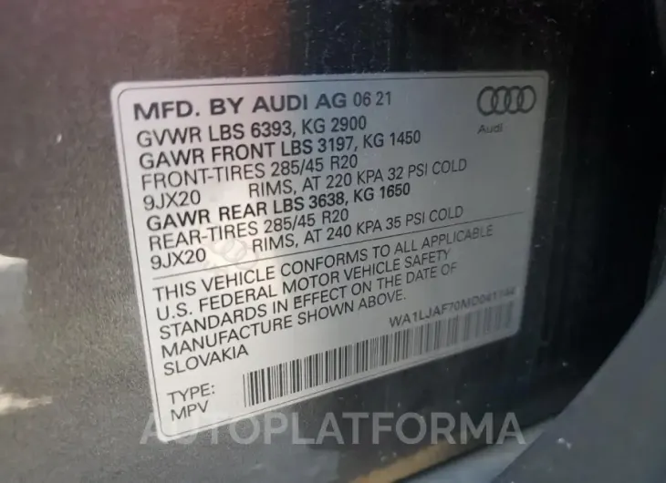 AUDI Q7 PREMIUM 2021 vin WA1LJAF70MD041144 from auto auction Copart