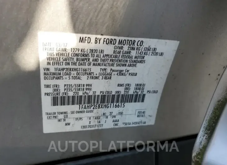 FORD TAURUS SEL 2017 vin 1FAHP2E8XHG116615 from auto auction Copart