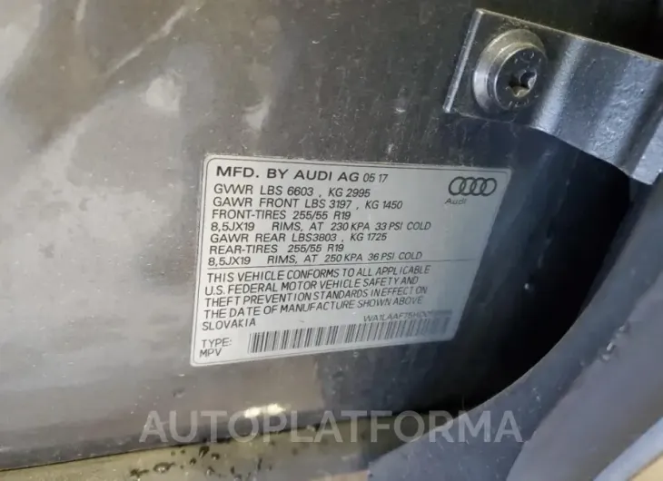 AUDI Q7 PREMIUM 2017 vin WA1LAAF75HD058866 from auto auction Copart