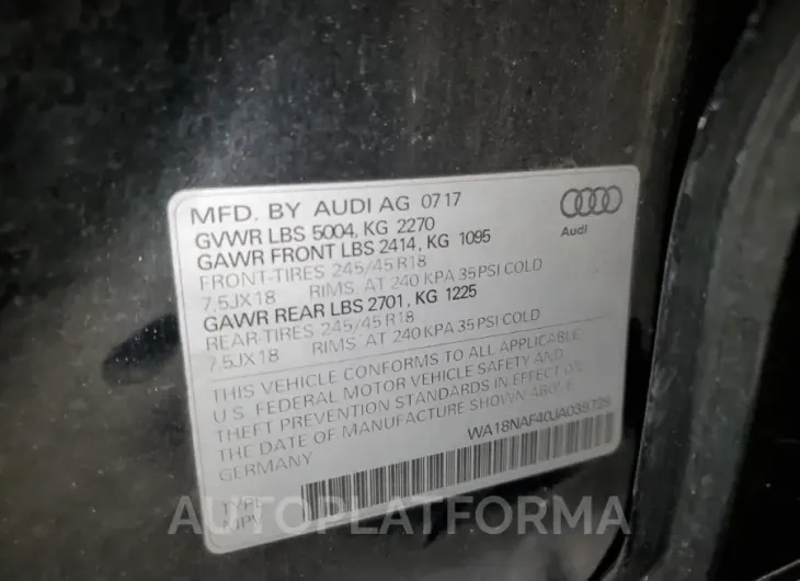 AUDI A4 ALLROAD 2018 vin WA18NAF40JA039729 from auto auction Copart