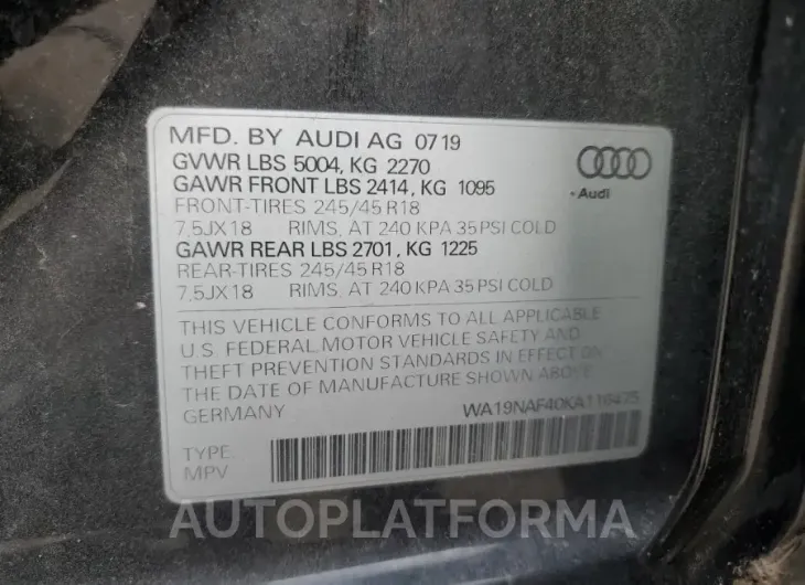 AUDI A4 ALLROAD 2019 vin WA19NAF40KA116475 from auto auction Copart