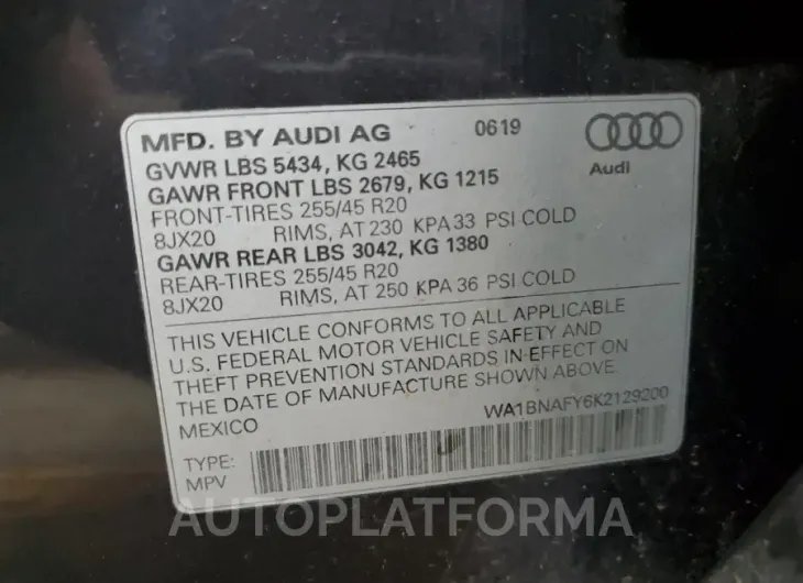 AUDI Q5 PREMIUM 2019 vin WA1BNAFY6K2129200 from auto auction Copart