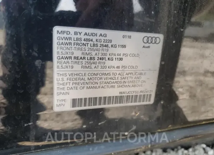 AUDI Q3 2018 vin WA1JCCFS2JR024121 from auto auction Copart