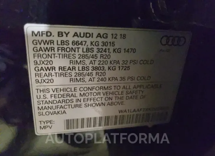 AUDI Q7 PREMIUM 2019 vin WA1LAAF7XKD024820 from auto auction Copart