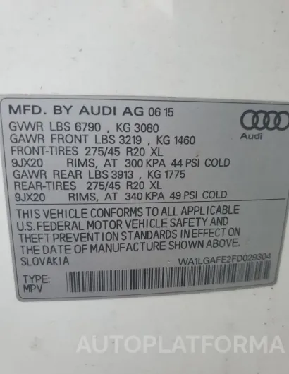 AUDI Q7 PREMIUM 2015 vin WA1LGAFE2FD029304 from auto auction Copart