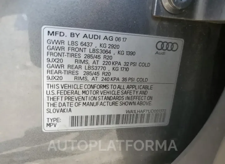 AUDI Q7 PREMIUM 2018 vin WA1LHAF71JD001372 from auto auction Copart