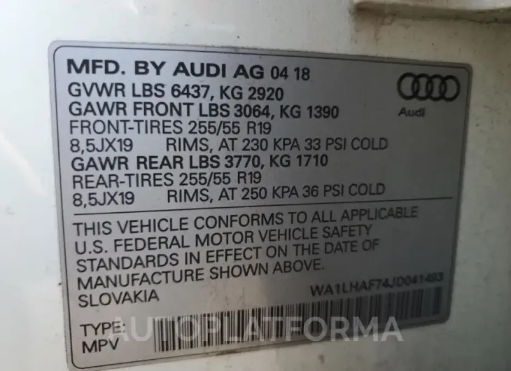 AUDI Q7 PREMIUM 2018 vin WA1LHAF74JD041493 from auto auction Copart