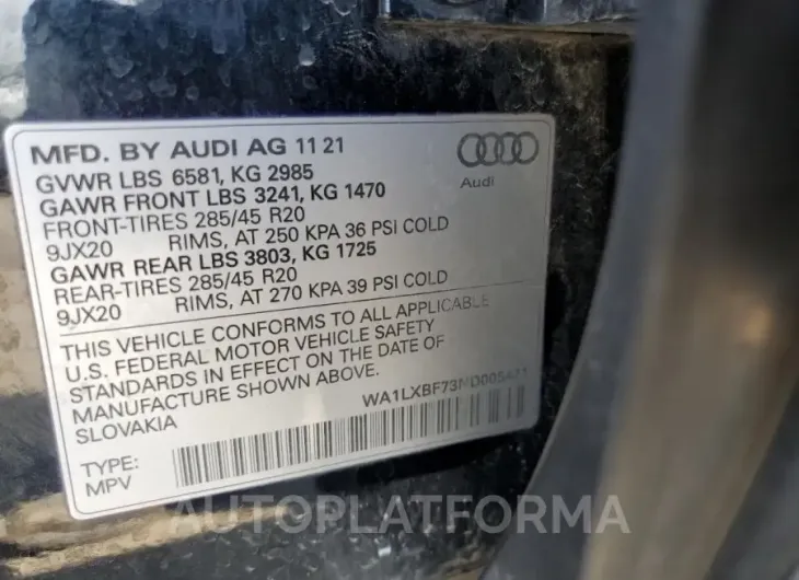 AUDI Q7 PREMIUM 2022 vin WA1LXBF73ND005471 from auto auction Copart