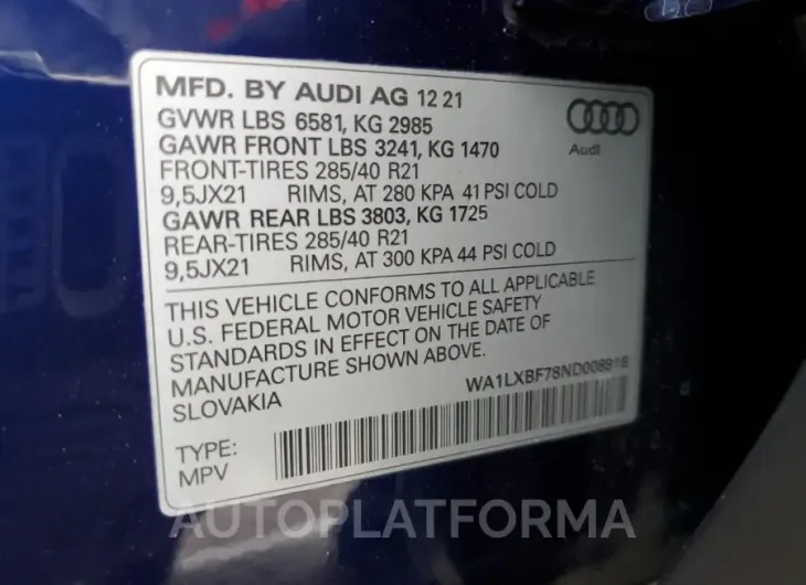 AUDI Q7 PREMIUM 2022 vin WA1LXBF78ND008916 from auto auction Copart