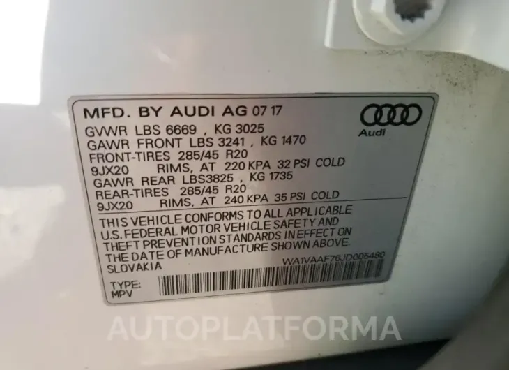 AUDI Q7 2018 vin WA1VAAF76JD005480 from auto auction Copart