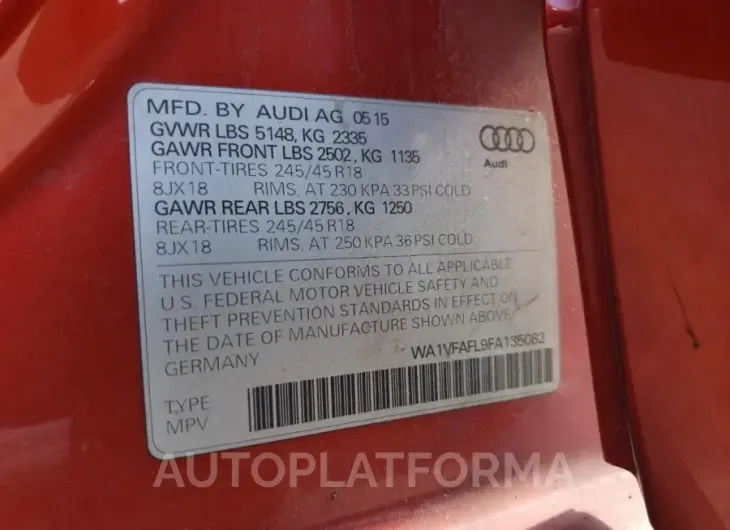 AUDI A4 ALLROAD 2015 vin WA1VFAFL9FA135082 from auto auction Copart