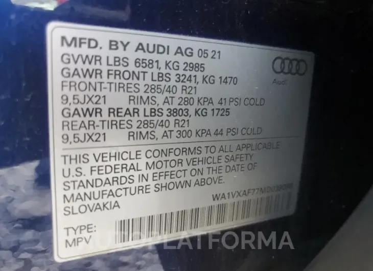 AUDI Q7 PRESTIG 2021 vin WA1VXAF77MD039088 from auto auction Copart