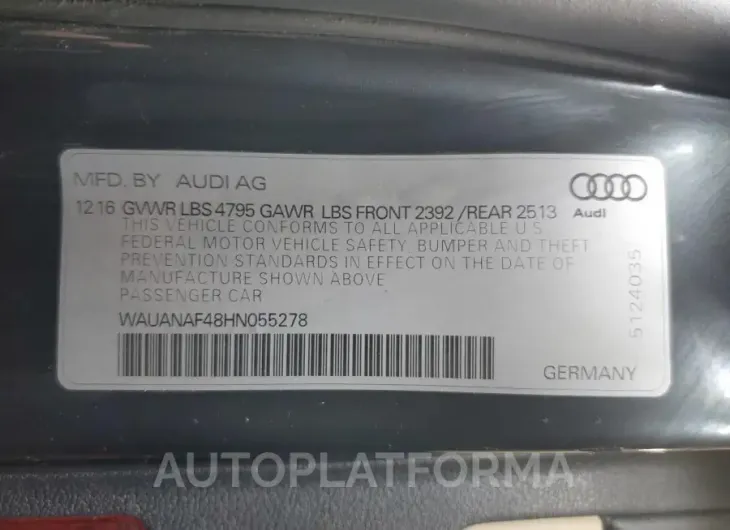 AUDI A4 PREMIUM 2017 vin WAUANAF48HN055278 from auto auction Copart