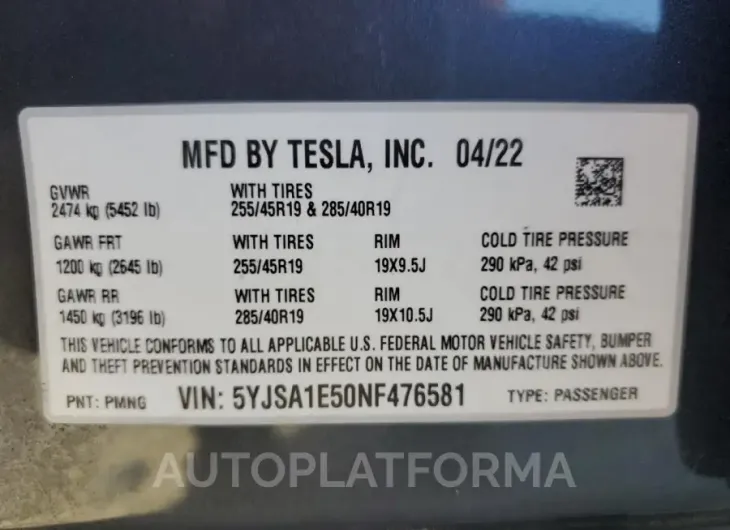 TESLA MODEL S 2022 vin 5YJSA1E50NF476581 from auto auction Copart