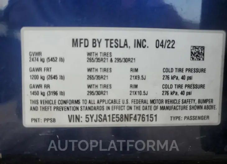 TESLA MODEL S 2022 vin 5YJSA1E58NF476151 from auto auction Copart