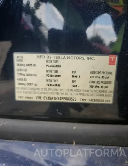 TESLA MODEL S 85 2015 vin 5YJSA1H24FF083525 from auto auction Copart