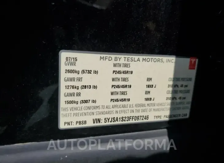 TESLA MODEL S 70 2015 vin 5YJSA1S23FF097246 from auto auction Copart