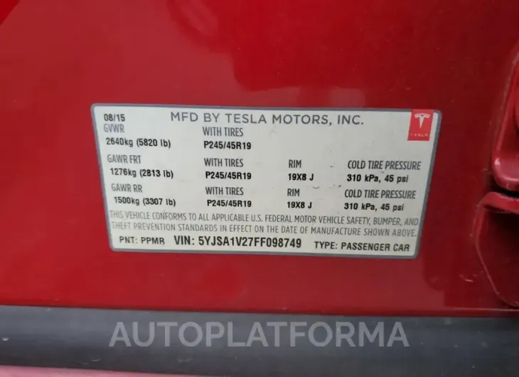 TESLA MODEL S 90 2015 vin 5YJSA1V27FF098749 from auto auction Copart