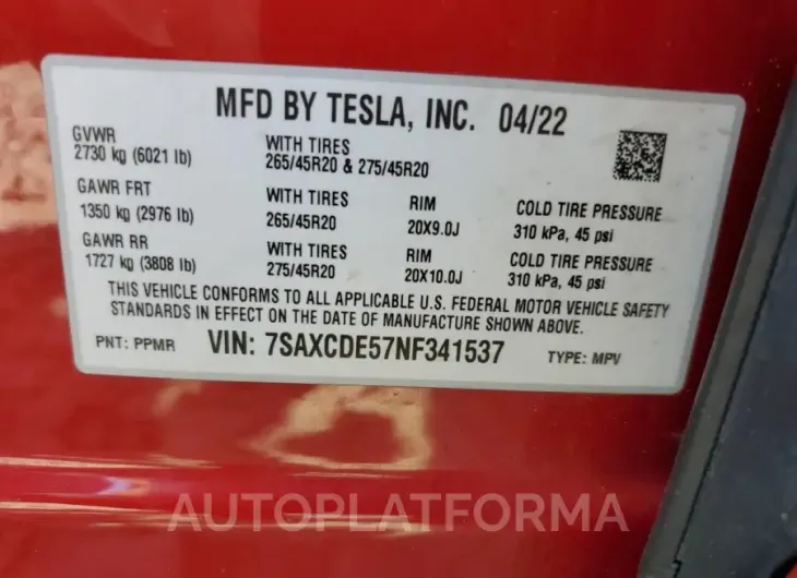 TESLA MODEL X 2022 vin 7SAXCDE57NF341537 from auto auction Copart