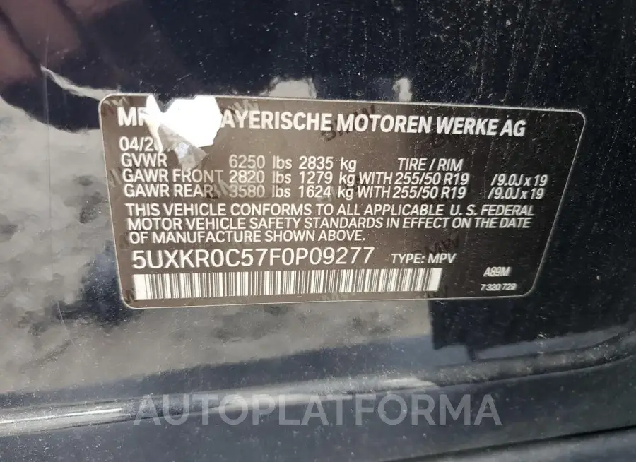 BMW X5 XDRIVE3 2015 vin 5UXKR0C57F0P09277 from auto auction Copart