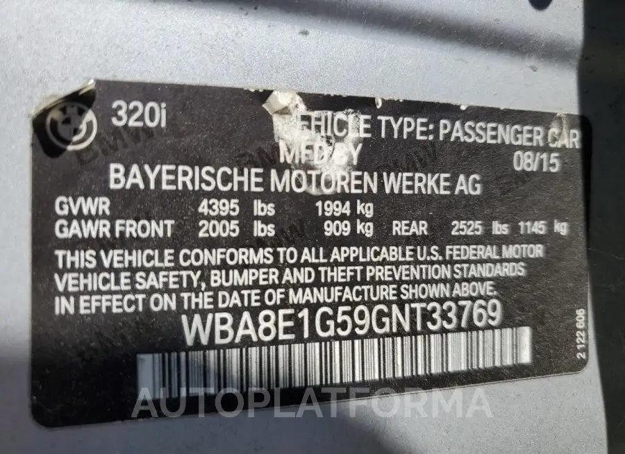 BMW 320 I 2016 vin WBA8E1G59GNT33769 from auto auction Copart